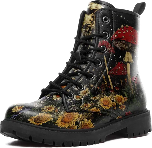 Vista 12 de Botas de Combate Florales de Setas para Mujer - Botas Góticas de Bosque Witchcore Tacón Grueso Cuero Vegano Moda con Cordones Botines Negros