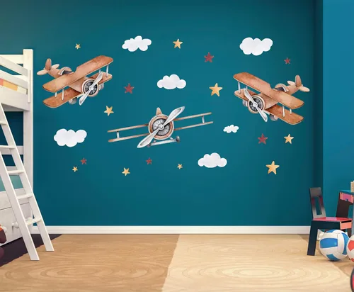 Vista 2 de Calcomanías de pared de avión grandes para niños, calcomanías de pared modernas multicolor de dibujos animados de avión de guardería, calcomanías