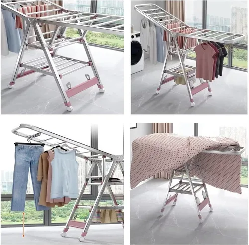 Vista 6 de Tendedero plegable para interiores, estante de secado de ropa plegable de 3 niveles, estante de secado independiente, con alas de altura ajustable