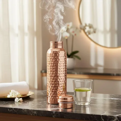 Vista 2 de Botella de agua 99.97% de cobre puro, botella reutilizable de alta calidad para agua potable, diseño resistente a las fugas, vasos tradicionales