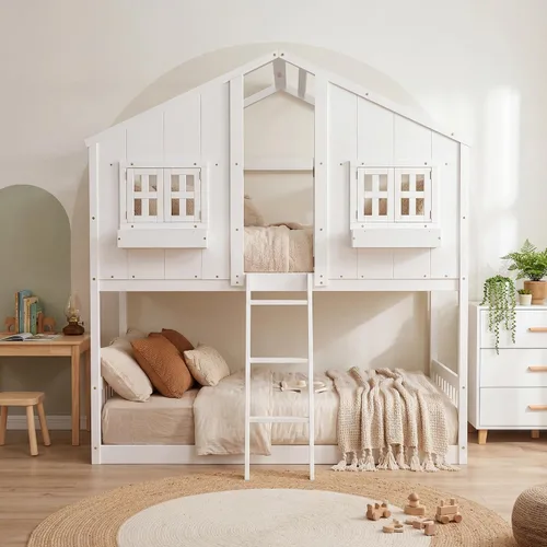 Vista 8 de VECELO Full Over Full House Bunk Bed with Safety Rail, Ladder, Windows & Doors, Solid Wood Playhouse Bunk Bed, No Box Spring Needed, White