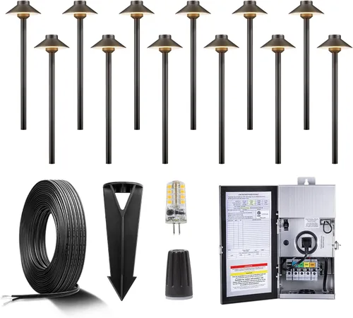 Vista 27 de Gardenreet Luces de camino de latón para exteriores, iluminación de camino de paisaje de bajo voltaje con cable, luz LED de pasarela de 12 V