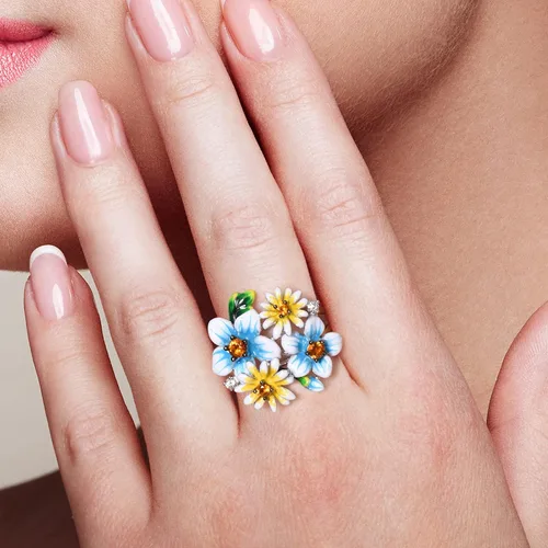 Vista 5 de Santuzza Anillo de plata de ley 925 con diseño de flores esmaltadas para mujer