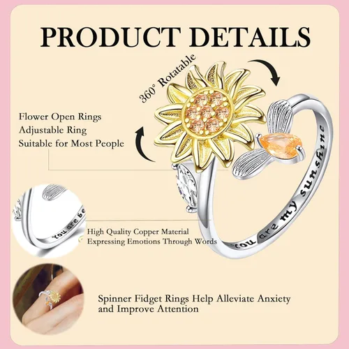 Vista 5 de Honsny Fidget Anxiety Rings for Women Adjustable Spinner Fidget Ring Set A 6 piezas