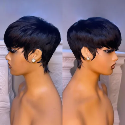 Vista 6 de YJOQOKOA Peluca corta de cabello humano estilo Bob para mujeres negras, pelucas de cabello humano con corte Pixie, sin pegamento, sin encaje