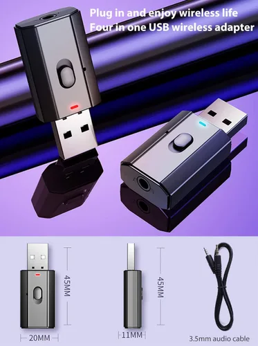 Vista 5 de SIREG Transmisor de audio USB Blue Tooth Blu-Tooth Recibe Audio Call Adapter para coche, tableta, portátil, PC, TV, Plug and Play, aptX de baja
