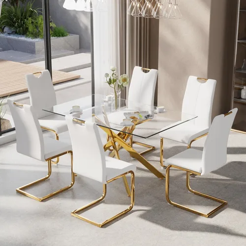 Vista 21 de Juego de mesa de comedor de 5 piezas para 4, mesa rectangular moderna de cristal con 4 sillas tapizadas de cuero, juegos de mesa y sillas de comedor