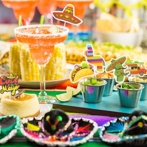 Vista 6 de Hying 40 adornos para cupcakes de fiesta mexicana para niñas y niños, cactus y cigarros, sombreros para cupcakes para fiestas temáticas, decoración
