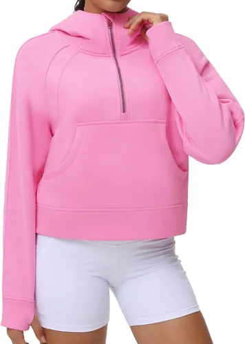 Vista 3 de THE GYM PEOPLE Sudaderas con capucha para mujer, media cremallera, manga larga, forro polar, con bolsillos, agujero para el pulgar