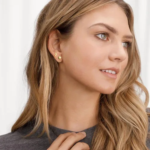 Vista 3 de Aretes de medio aro, aretes de aro pequeños de plata de ley 925 de bola, barra, estrella, luna, corazón, cruz, punto, triángulo, aretes