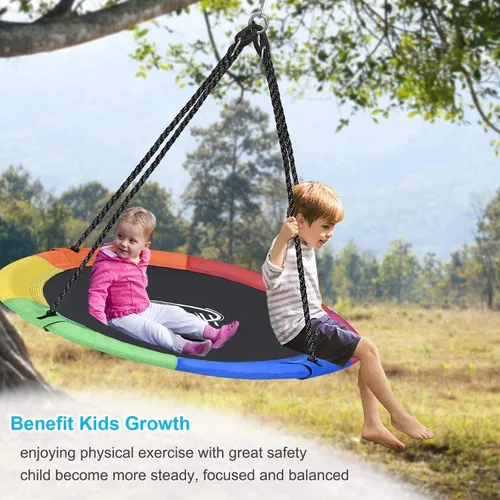 Vista 6 de Columpio de árbol de platillo de 43 pulgadas para niños, columpio redondo de textileno duradero, resistente, impermeable y resistente a todo