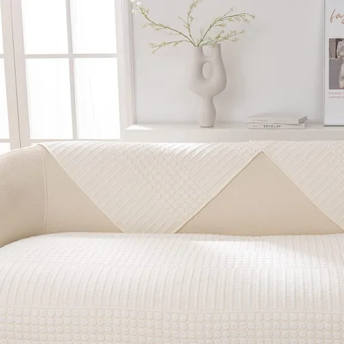 Vista 6 de vctops Funda acolchada para sofá con patrón geométrico bohemio, de algodón de color liso, antideslizante, protector de muebles para perros y Crema a