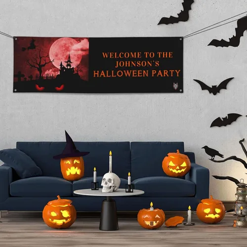 Vista 19 de Cartel personalizado de Feliz Halloween para fiesta, añade tu texto en la pancarta, decoraciones de Halloween personalizadas para interiores
