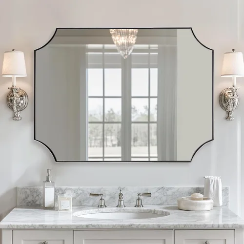 Vista 46 de ANDY STAR Espejo de baño de bronce cepillado, espejo festoneado de 24 x 36 pulgadas para baño, espejo rectangular de bronce antiguo con marco