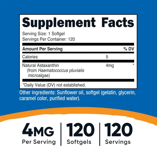 Vista 2 de Nutricost Astaxantina 4 mg, sin gluten y sin OMG, 120 cápsulas blandas (suministro para 4 meses)