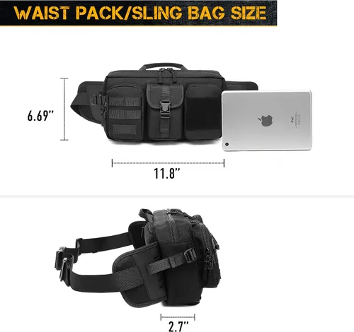 Vista 4 de ATZB Riñonera táctica para hombre, bandolera en el pecho, hombro cruzado, riñonera para senderismo, Negro