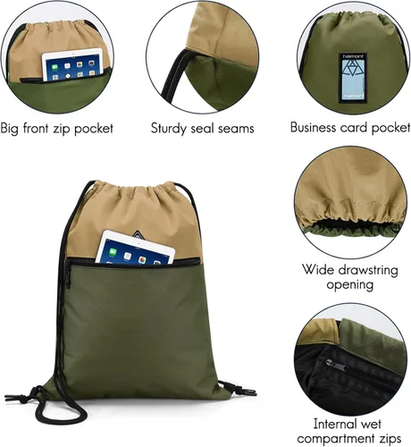 Vista 5 de Haimont Mochila con cordón para hombres y mujeres, bolsa de cuerda deportiva resistente al agua con bolsillo húmedo, viaje de día y natación, caqui