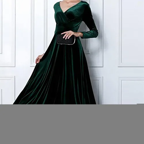 Vista 4 de SGASY Vestido largo de terciopelo elástico de manga larga con cuello en V para mujer, elegante vestido de cóctel con forro A