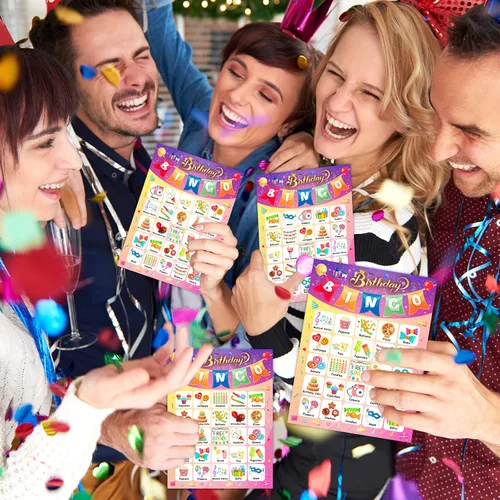 Vista 7 de YTSQLER Tarjetas de bingo de feliz cumpleaños, 24 jugadores, fiesta de cumpleaños, juego de bingo para niños, niñas y adultos, divertido juego
