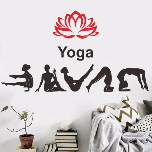 Vista 4 de Adhesivo de pared para estudio de yoga, calcomanía de PVC extraíble con patrones de loto e hinduismo, regalo único para los amantes del yoga, ideal