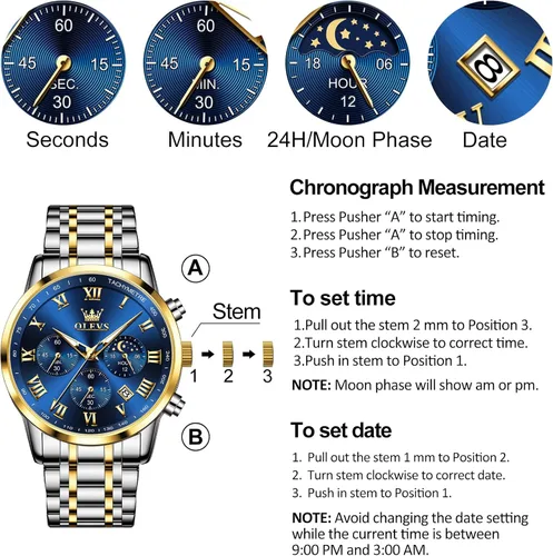 Vista 5 de OLEVS Reloj cronógrafo de acero inoxidable para hombre, con números romanos, fecha, analógico, de cuarzo, para hombre, multifuncional, a la moda