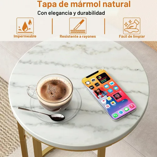 Vista 5 de Function Home Mesa auxiliar de mesa C, mesa auxiliar de sofá en forma de C de mármol, mesas de sofá que se deslizan por debajo, mesa decorativa