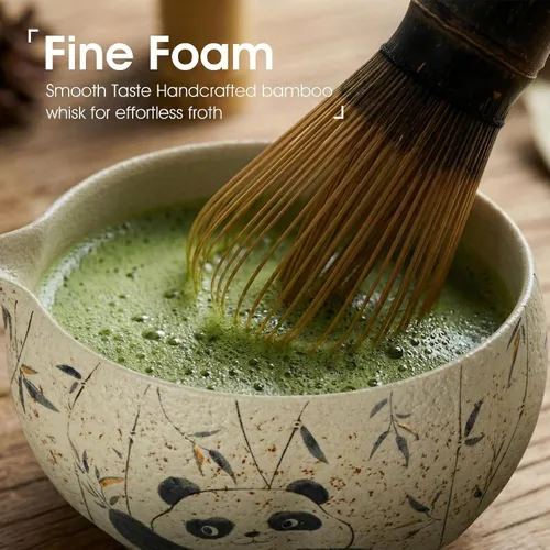 Vista 6 de Juego de batidor de matcha de 7 piezas con cuenco y batidor de 100 puntas Intricate Hand-Applied Decal, Bamboo Tea Mat Included, 100-Prong for