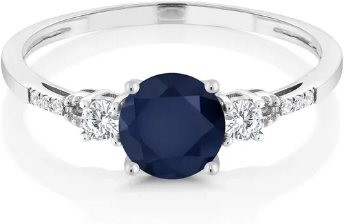 Vista 2 de Gem Stone King Anillo de compromiso de 3 piedras de oro blanco de 10 quilates con zafiro y zafiro blanco creado con 3 piedras para mujer