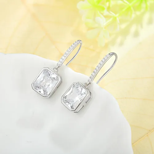 Vista 2 de Aretes colgantes de plata de ley 925 con forma de baguette, con piedra natal rectangular, aretes de gancho para mujer, regalos de joyería