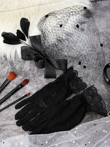 Vista 7 de SATINIOR Sombrero de tocado para mujer, sombrero de pastillero, velo negro, sombrero funerario, sombrero de fiesta de té y guantes de encaje