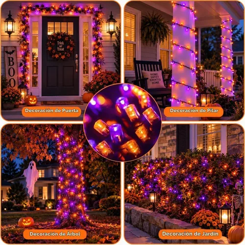Vista 3 de Guirnalda de luces moradas y naranjas de Halloween, se pueden conectar entre sí, 2 unidades, 164 pies, 400 LED, 13 modos, impermeable