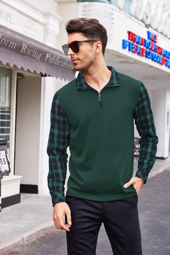Vista 5 de Coofandy Polo de manga larga para hombre, estilo casual, ajustado, con cremallera, a cuadros