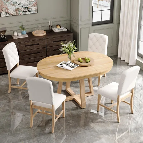 Vista 11 de Knocbel Juego de mesa extensible para 4-6, mesa de comedor redonda ovalada con 4 sillas tapizadas, juegos retro de 5 piezas con base de madera