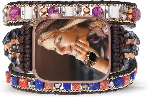 Vista 8 de Pulsera bohemia de 5 envolturas compatible con Apple Watch Band con cuentas para mujeres y hombres, 1.496 pulgadas/1.575 pulgadas/1.614 pulgadas