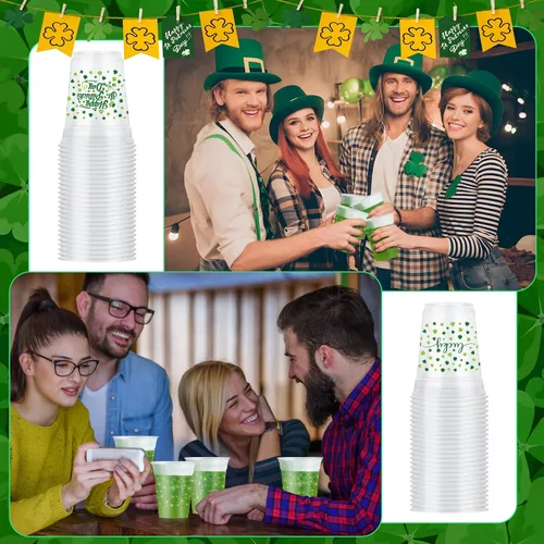 Vista 5 de 50 vasos de plástico de 12 onzas para el Día de San Patricio, vasos desechables impresos con texto en inglés "Happy St. Patrick's Day" y "Lucky