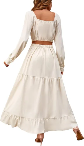 Vista 2 de LYANER Vestido largo con cuello en V profundo y manga larga abombada y corte lateral para mujer