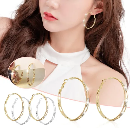 Vista 6 de EDCRF Aretes de aro para mujer, aretes de aro grandes de moda, aretes de diamantes de imitación, elegantes aretes de círculo grande redondeados