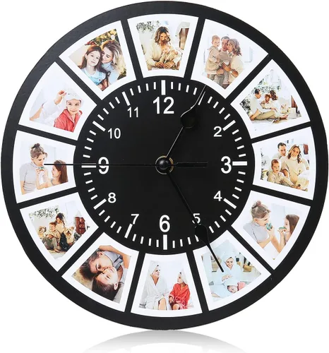 Vista 19 de Reloj personalizado con marcos familiares, decoración de pared, multifoto, grabado con nombre y fecha, relojes digitales inusuales de madera