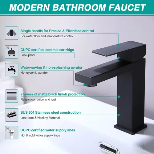 Vista 2 de Grifo de lavabo de baño de una sola manija, color negro mate, grifo de baño de acero inoxidable con mangueras de suministro de agua certificadas por