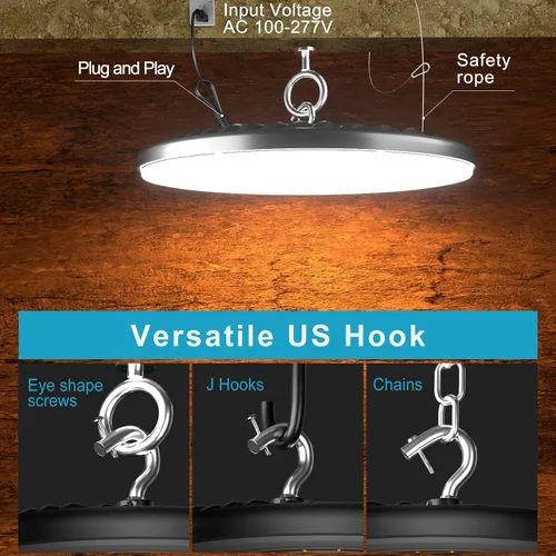 Vista 5 de Lightdot Smart 200W LED High Bay Light 30000lm UFO High Bay Shop Light, AC100-277V 5000K Luz de día con enchufe para granero/garaje de 22-32 pies