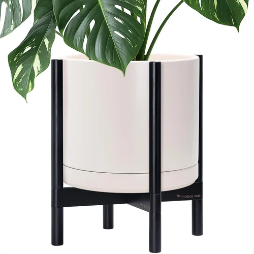 Vista 98 de D'vine Dev Maceta de cerámica con soporte de ébano – Maceta redonda moderna de 8 pulgadas con soporte para maceta de madera, color negro, 55-B-M-2