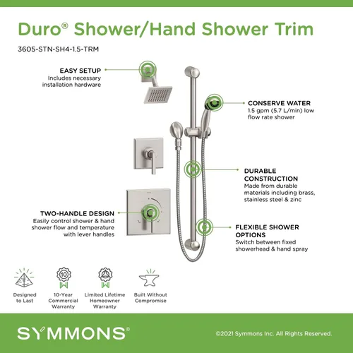 Vista 3 de Symmons 3605-STN-SH4-1.5-TRM Duro 2 manijas 1 rociador de ducha con 1 rociador de ducha de mano en níquel satinado (válvulas no incluidas)