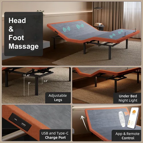 Vista 2 de ESHINE Base de cama ajustable individual XL con colchón híbrido de 14" Inclinación de almohada, control por aplicación inteligente, gravedad cero