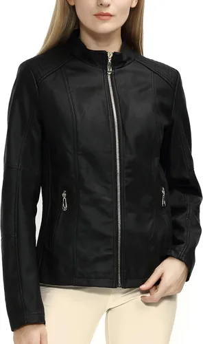 Vista 2 de Giolshon - Chaqueta corta estilo casual de piel sintética para mujer, abrigo para primavera, otoño e invierno
