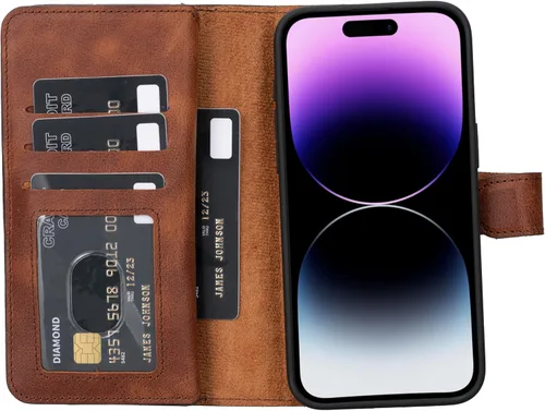 Vista 32 de HARDISTON Funda de piel auténtica de alta calidad hecha a mano para iPhone 7/8 / SE doble folio tarjetero - Funda magnética desmontable - Soporte