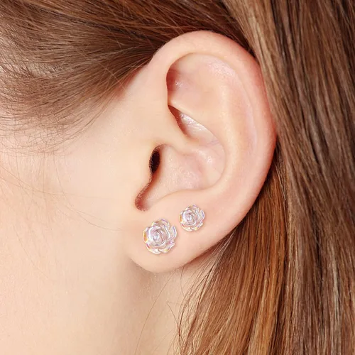 Vista 2 de Aretes de Poste de Plástico para Orejas Sensibles, KMEOSCH 2 Pares (6mm y 8mm) Rosa 3D Transparente Sin Metal Aretes de Tuerca Totalmente