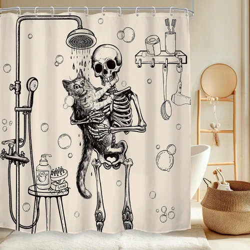 Vista 21 de Cortina de ducha con diseño de calavera de neón de 60 pulgadas de ancho x 72 pulgadas de alto, esqueleto gótico, espeluznante, único hueso fresco