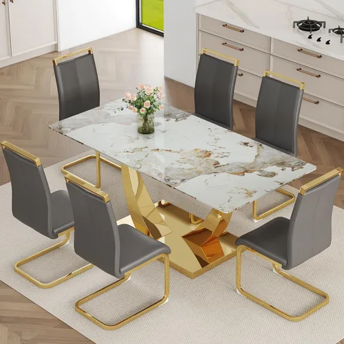 Vista 16 de Juego de mesa de comedor de mármol sintético para 6, mesas de comedor rectangulares para 6, mesa de cocina dorada y 6 sillas de piel sintética
