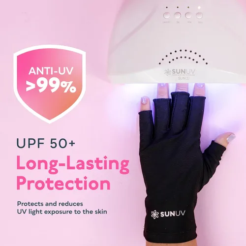 Vista 6 de SUNUV Guantes LED con luz UV para uñas de gel, guantes profesionales UPF 50+ anti UV para lámpara de uñas de gel, tecnología de uñas, color negro
