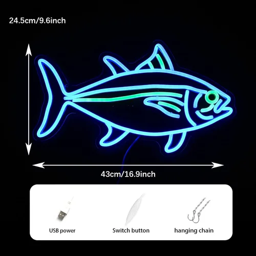 Vista 4 de Letrero de luces de neón de atún con diseño de pez azul y verde para decoración de pared, letreros LED regulables para dormitorio, sala de estar